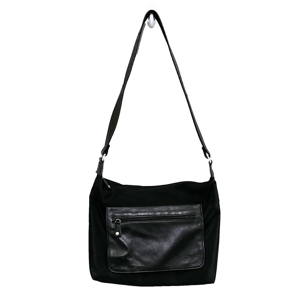 Tignanello Nylon Shoulder Bag Purse Black Pockets Large w/ Leather Flap Hobo